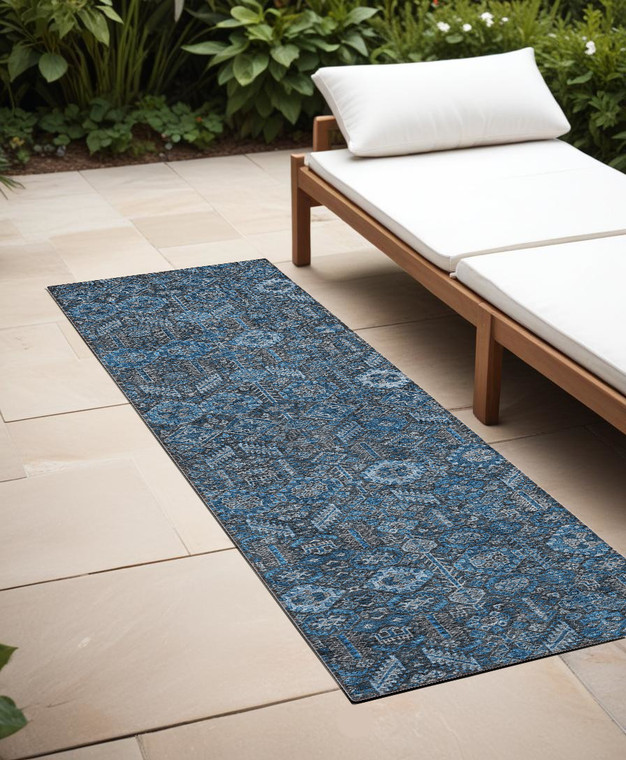 8' Runner Blue and Black Floral Washable Non Skid Indoor Outdoor Runner Rug