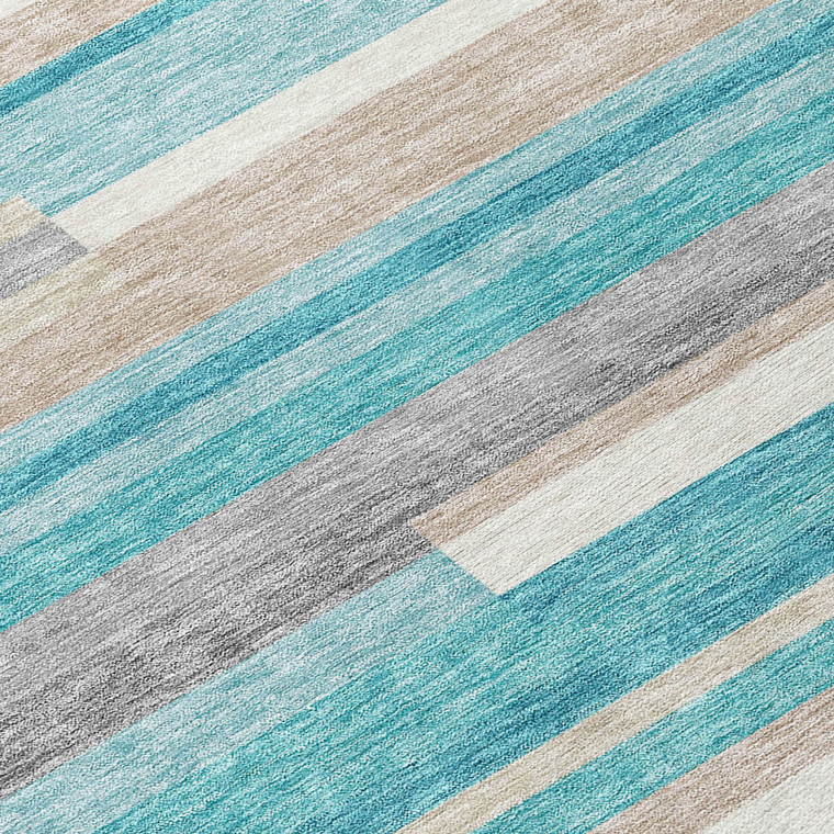 5' X 8' Teal Blue Gray And Beige Striped Washable Indoor Outdoor Area Rug