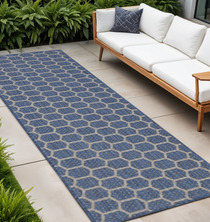 8' Blue And Ivory Geometric Indoor Outdoor Runner Rug