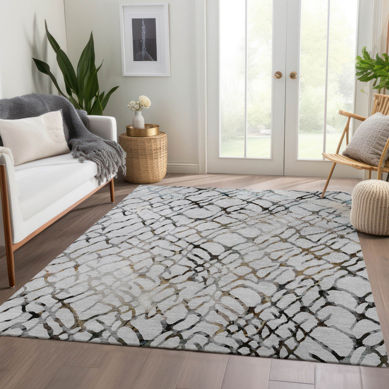 3' X 5' Silver Gray And Charcoal Abstract Washable Indoor Outdoor Area Rug