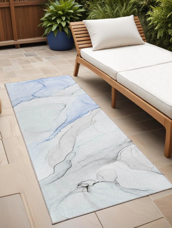 8' Runner Ivory Blue and Gray Abstract Washable Non Skid Indoor Outdoor Runner Rug - 608219343316