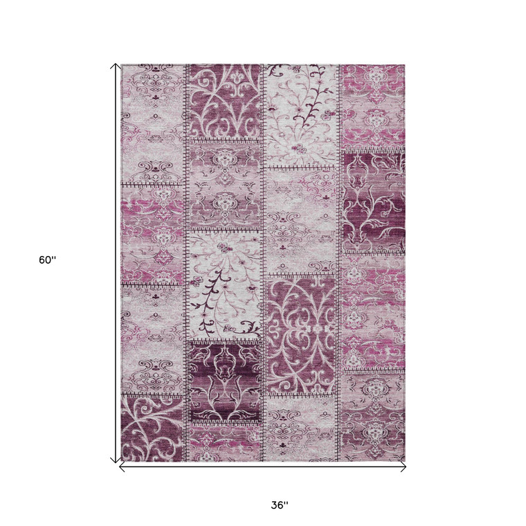 3' X 5' Pink Patchwork Washable Indoor Outdoor Area Rug