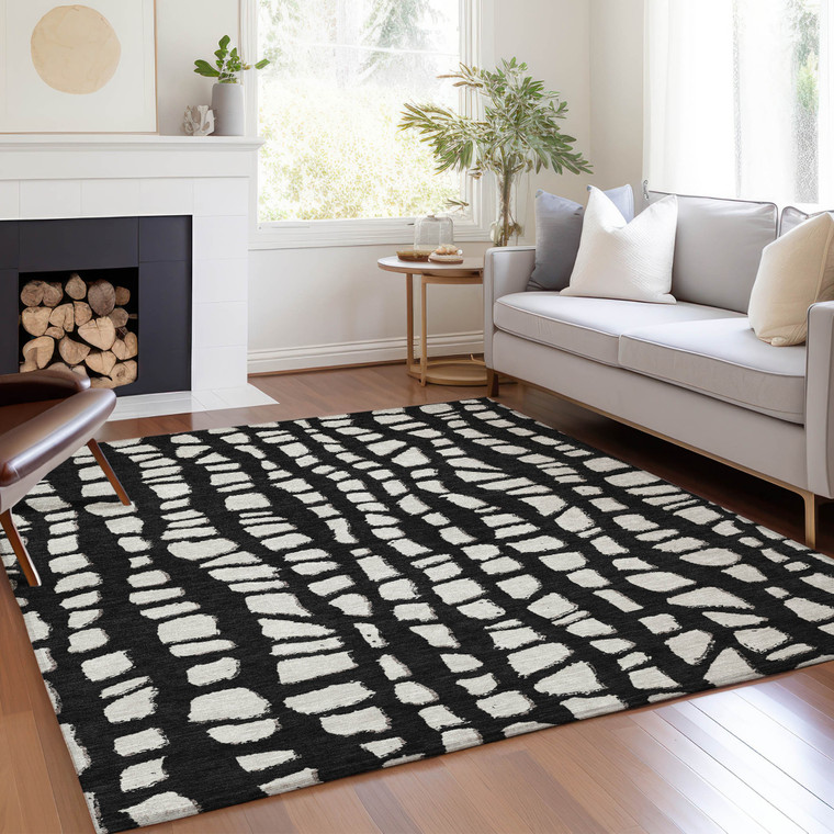 3' X 5' Black And Ivory Abstract Washable Indoor Outdoor Area Rug Transitional Style - Black, Ivory Color