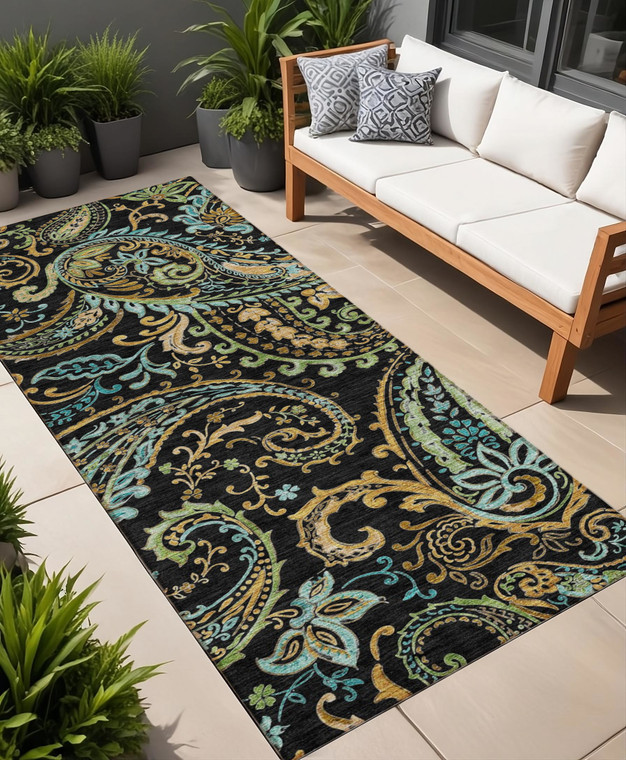 2' X 8' Black and Gold Paisley Washable Indoor Outdoor Runner Rug