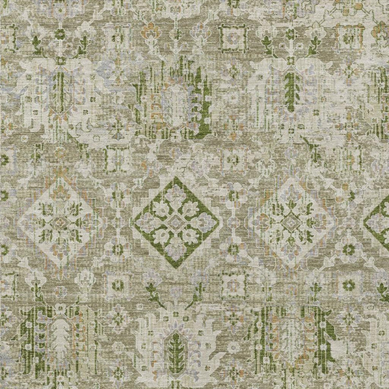 5' X 8' Fern Green And Beige Floral Medallion Washable Indoor Outdoor Area Rug