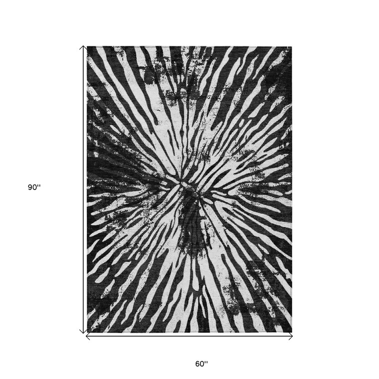 5' X 8' Black Charcoal And Ivory Abstract Washable Indoor Outdoor Area Rug