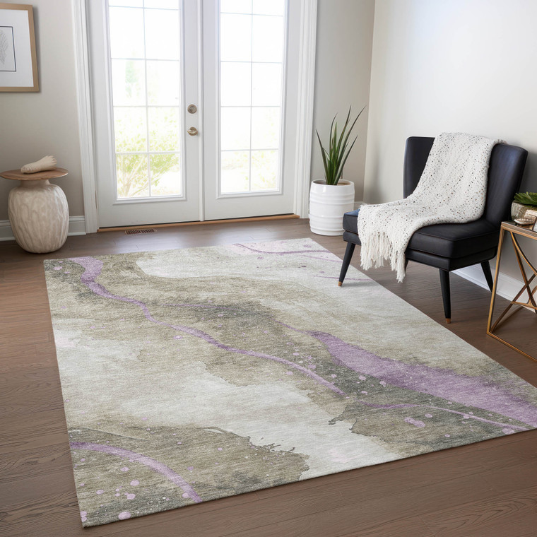 3' X 5' Taupe And Lavender Abstract Washable Indoor Outdoor Area Rug