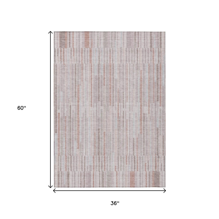 3' X 5' Coral And Beige Striped Washable Indoor Outdoor Area Rug