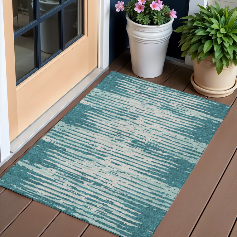 3' X 5' Teal Blue And Ivory Striped Washable Indoor Outdoor Area Rug Transitional Style - Teal Blue, Ivory Color