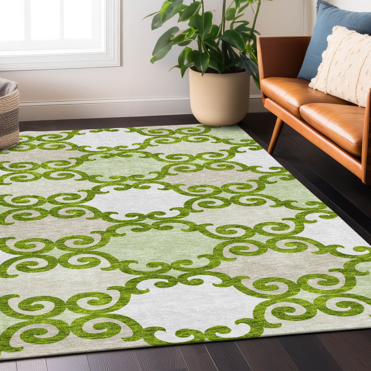 3' X 5' Lime Green And Ivory Trellis Washable Indoor Outdoor Area Rug