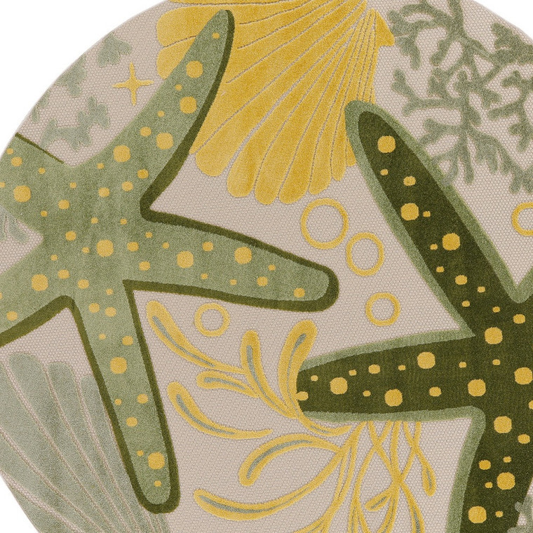 5' Green Yellow Ivory And Dark Green Round Starfish Indoor Outdoor Area Rug