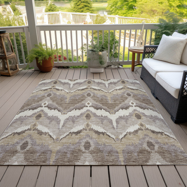 5' X 8' Beige Chocolate And Taupe Ikat Washable Indoor Outdoor Area Rug