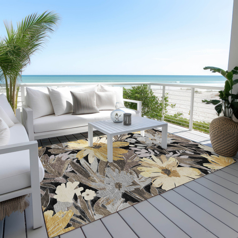 3' X 5' Black And Gray Floral Washable Indoor Outdoor Area Rug - Black, Gray