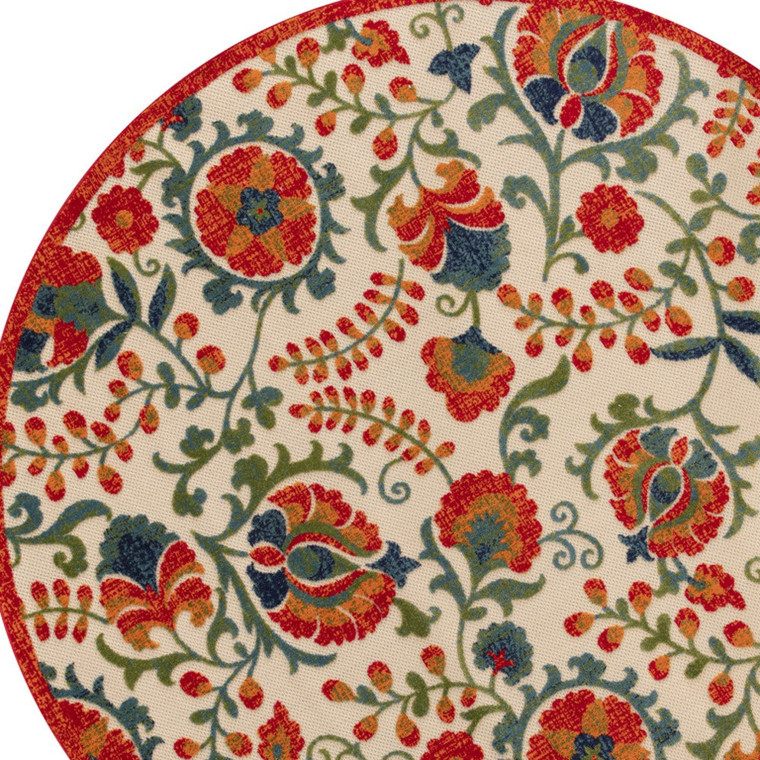 5' Red Gold Teal Blue And Green Round Floral Indoor Outdoor Area Rug