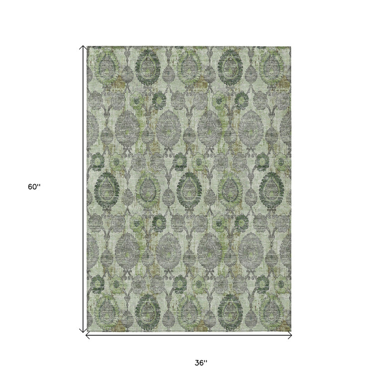 3' X 5' Artichoke Green And Fern Green Damask Washable Indoor Outdoor Area Rug