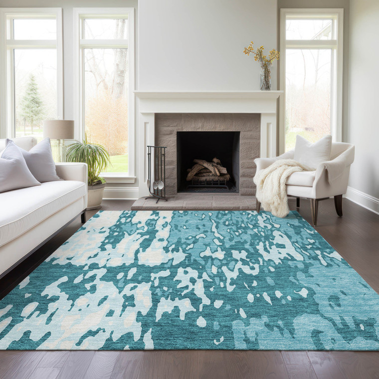3' X 5' Teal Blue And Ivory Abstract Washable Indoor Outdoor Area Rug Transitional Style - Teal Blue, Ivory Color
