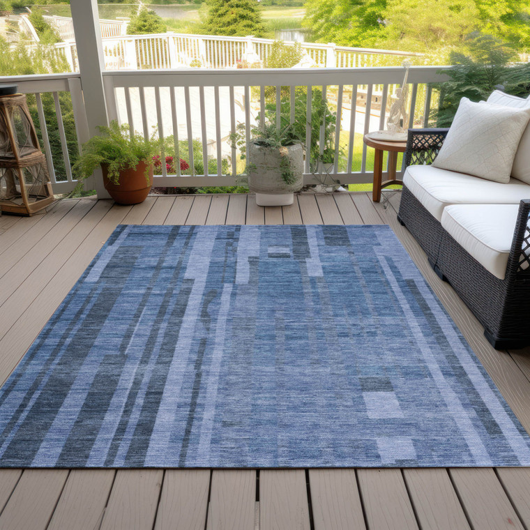 5' X 8' Navy Blue And Gray Striped Washable Indoor Outdoor Area Rug Transitional Style - Navy Blue, Gray Color