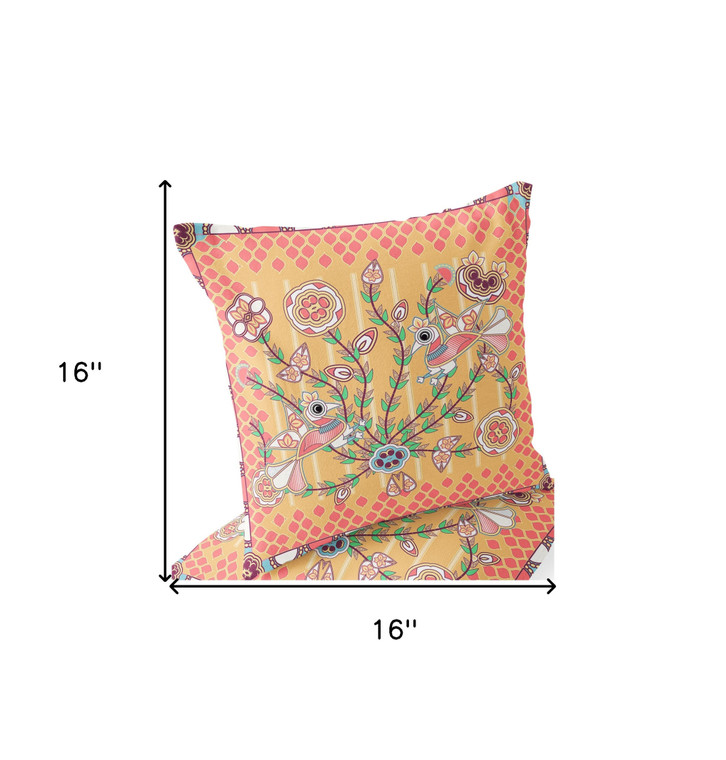 Set of Two 16" X 16" Yellow and Peach Peacock Blown Seam Floral Indoor Outdoor Throw Pillow