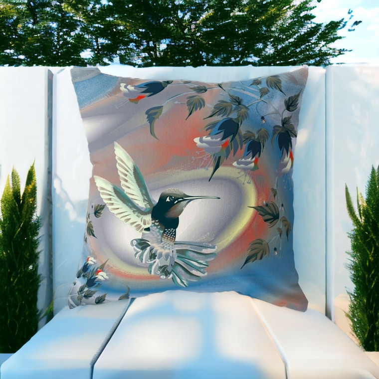 18" X 18" Blue and Gray Bird Blown Seam Floral Indoor Outdoor Throw Pillow Polyester and Cotton Blend
