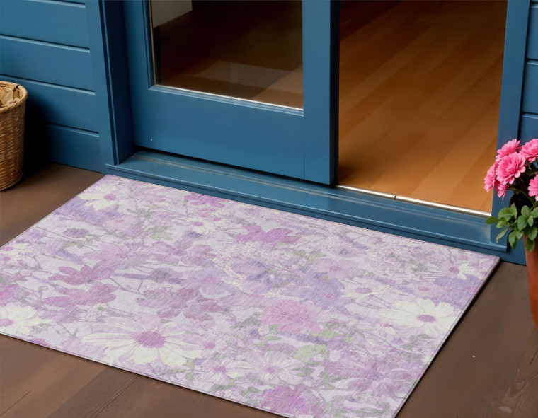 3' X 5' Lavender Purple And Lilac Floral Washable Indoor Outdoor Area Rug