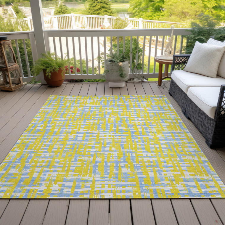 5' X 8' Yellow Denim Blue And Beige Abstract Washable Indoor Outdoor Area Rug