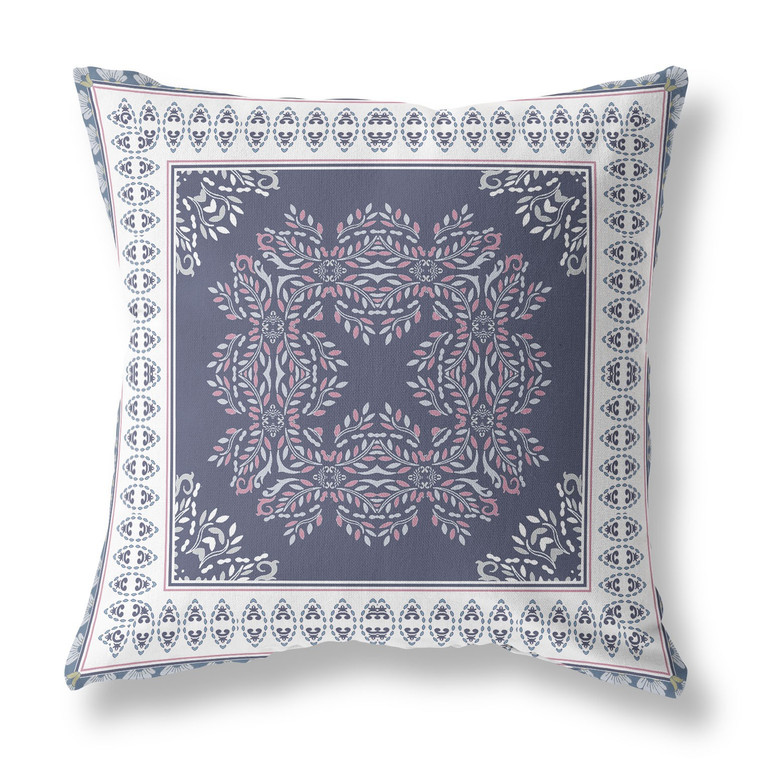 26" X 26" Dark Blue And White Blown Seam Floral Indoor Outdoor Throw Pillow