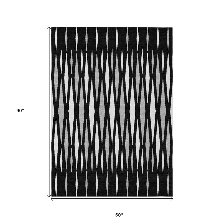 5' X 8' Black Ivory And Gray Geometric Washable Indoor Outdoor Area Rug