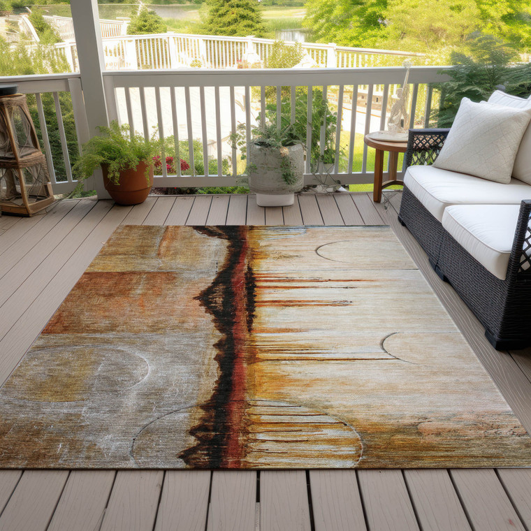 5' X 8' Rust And Charcoal Abstract Washable Indoor Outdoor Area Rug