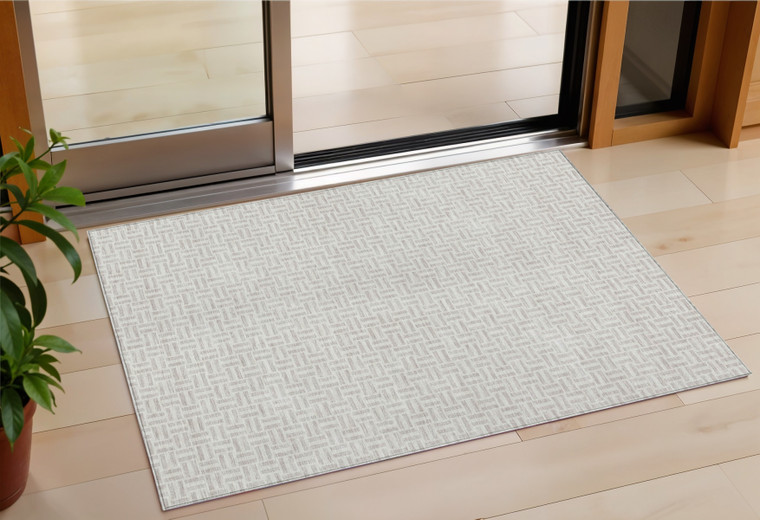 3' X 5' Taupe And Silver Geometric Washable Indoor Outdoor Area Rug