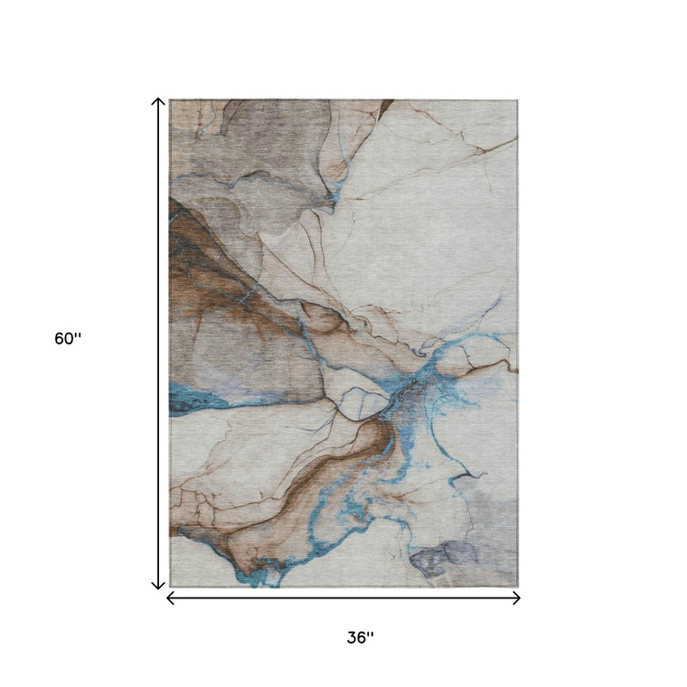 3' X 5' Beige And Blue Abstract Washable Indoor Outdoor Area Rug - 880016729931