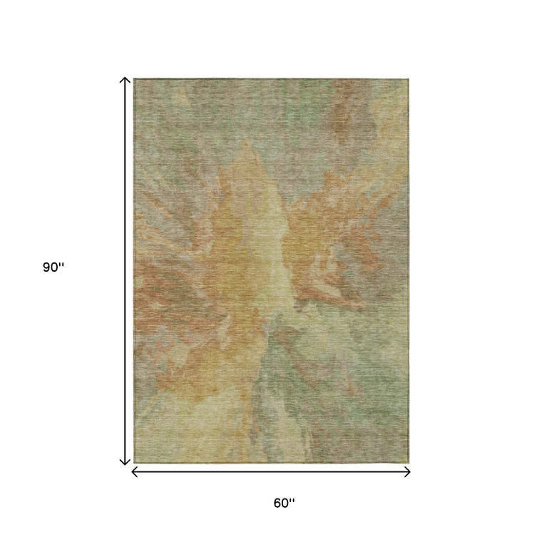 5' X 8' Artichoke Green And Gold Abstract Washable Indoor Outdoor Area Rug