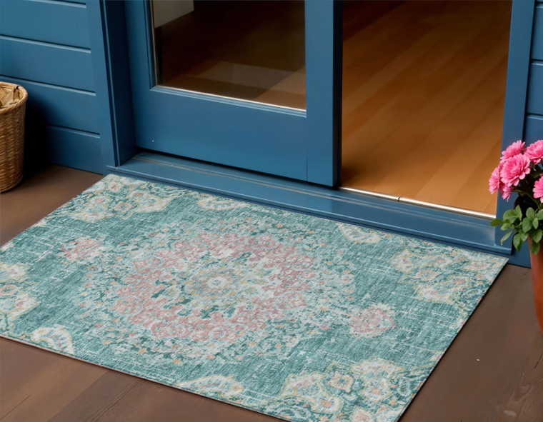 3' X 5' Teal Blue Floral Medallion Washable Indoor Outdoor Area Rug