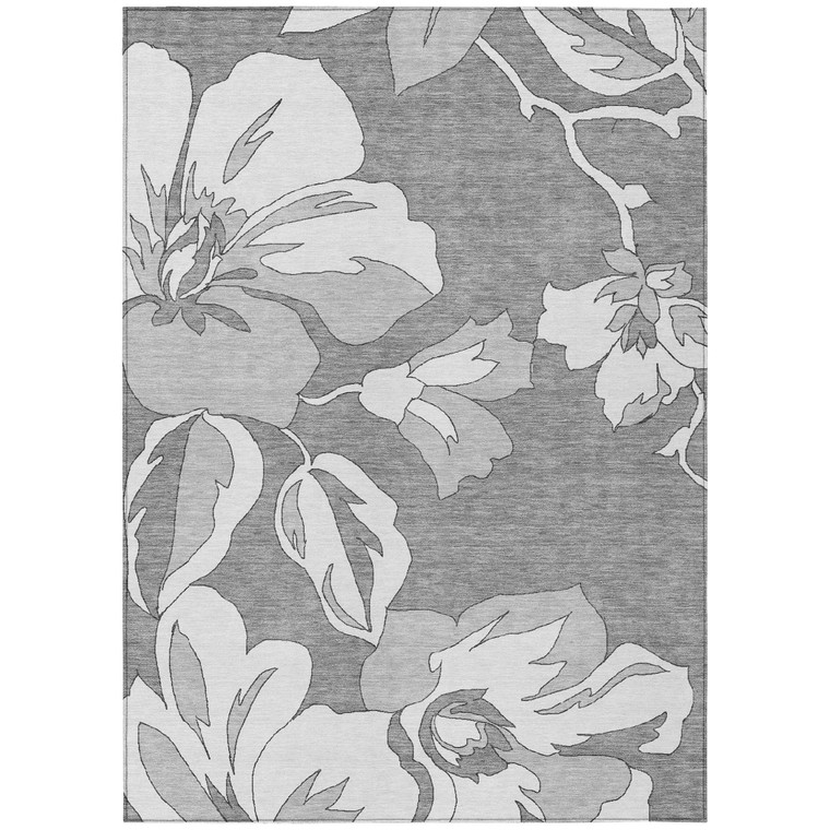 5' X 8' Gray And Silver Floral Washable Indoor Outdoor Area Rug - Gray, Silver