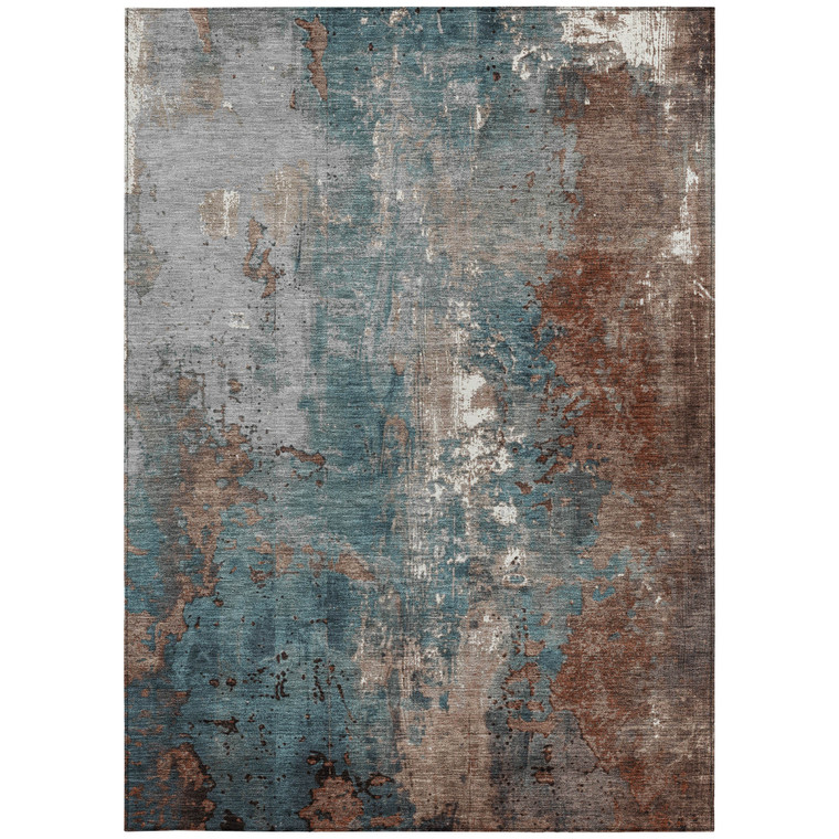 5' X 8' Rust And Teal Blue Abstract Washable Indoor Outdoor Area Rug