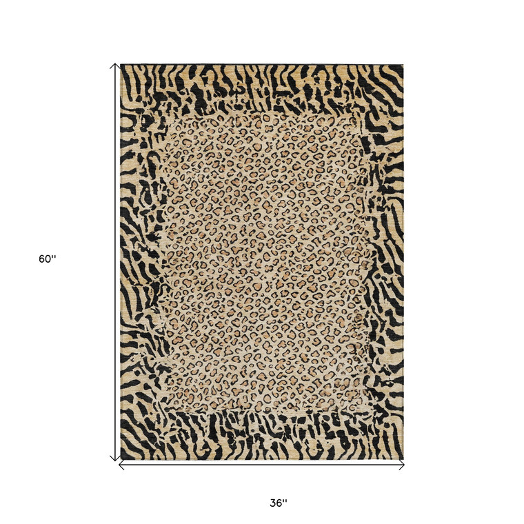 3' X 5' Gold Animal Print Washable Indoor Outdoor Area Rug