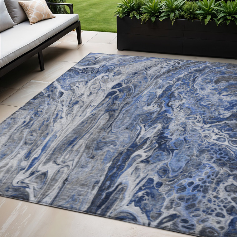 5' X 8' Denim Blue And Navy Blue Abstract Washable Indoor Outdoor Area Rug - Denim Blue, Navy Blue