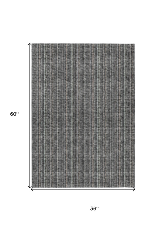 3' X 5' Gray And Silver Striped Washable Indoor Outdoor Area Rug - Gray, Silver