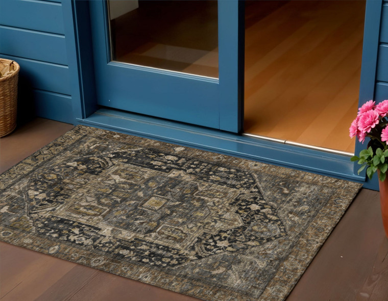 3' X 5' Brown Medallion Washable Indoor Outdoor Area Rug