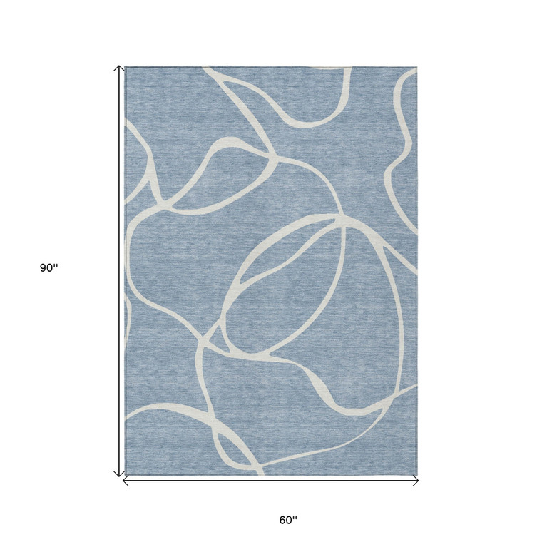 5' X 8' Denim Blue And Ivory Abstract Washable Indoor Outdoor Area Rug Transitional Style - Denim Blue, Ivory Color