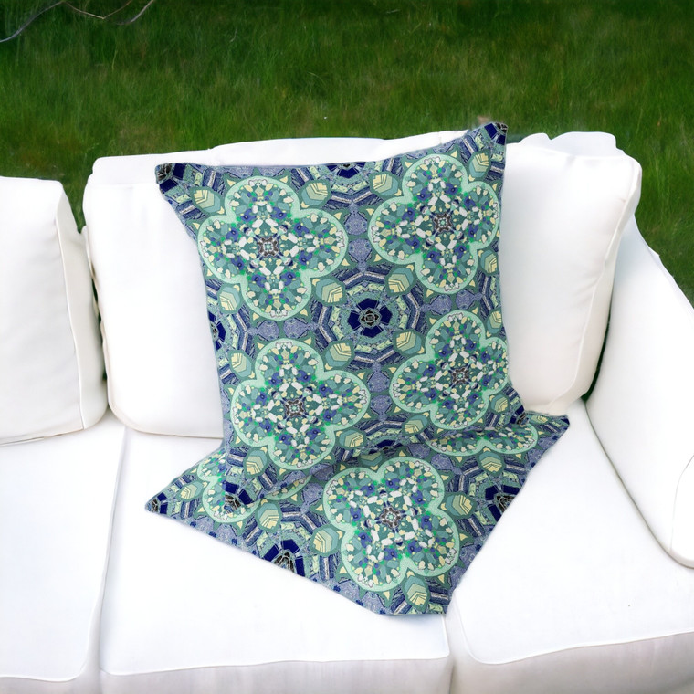 Set of Two 16" X 16" Blue and Green Blown Seam Floral Indoor Outdoor Throw Pillow - 606114826491