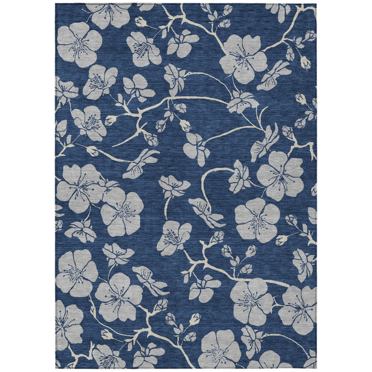 5' X 8' Navy Blue And Gray Floral Washable Indoor Outdoor Area Rug - Navy Blue, Gray