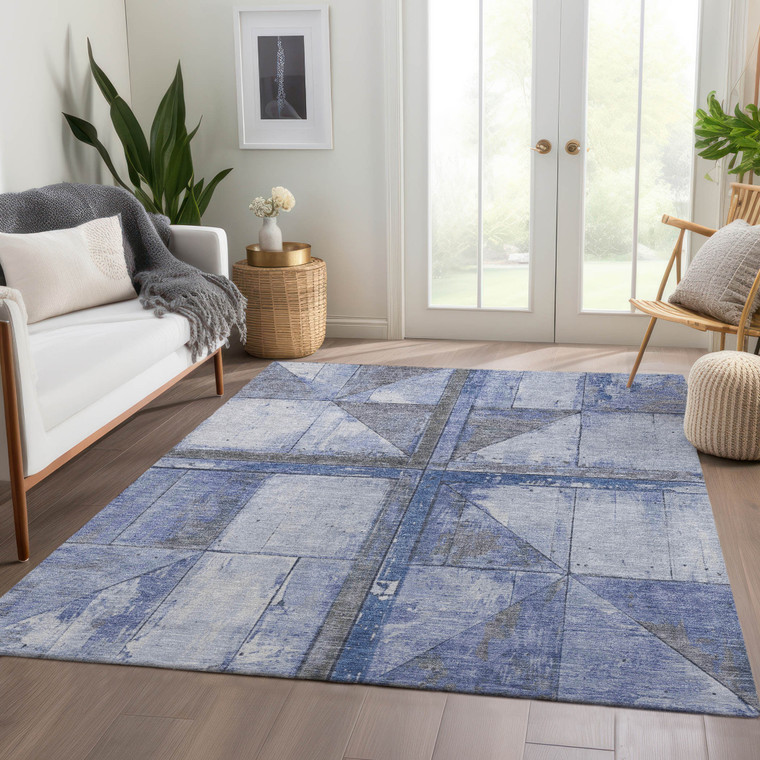 3' X 5' Denim Blue And Gray Geometric Washable Indoor Outdoor Area Rug