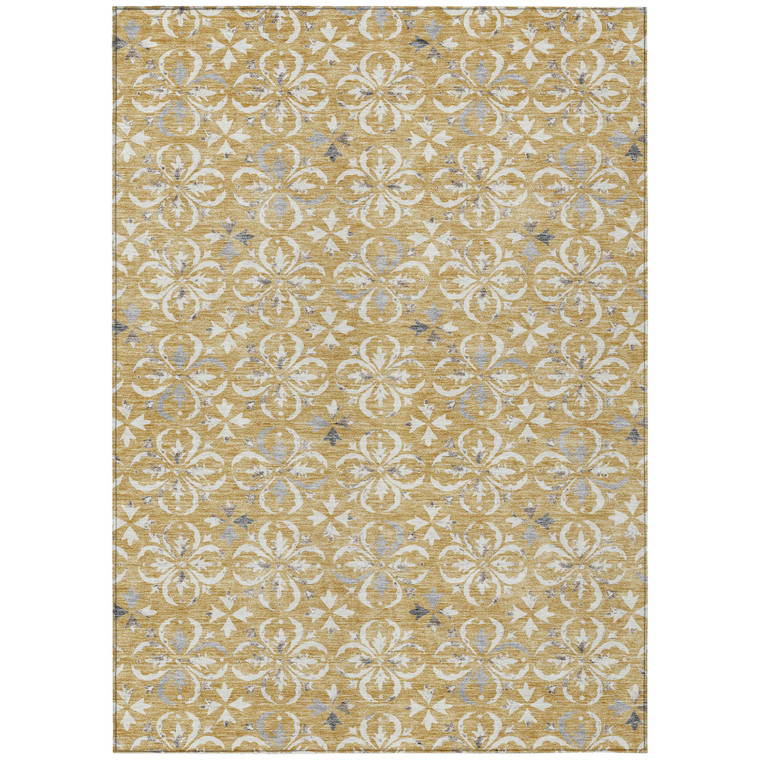 3' X 5' Gold Gray And Beige Floral Washable Indoor Outdoor Area Rug