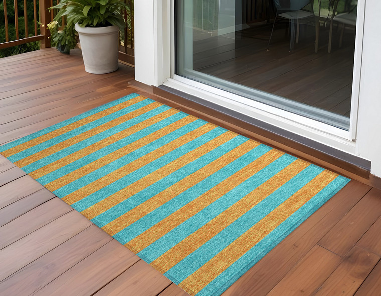 2' X 3' Aqua Striped Washable Non Skid Indoor Outdoor Area Rug
