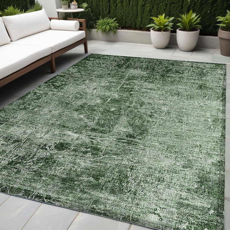 5' X 8' Emerald Abstract Washable Non Skid Indoor Outdoor Area Rug - Emerald