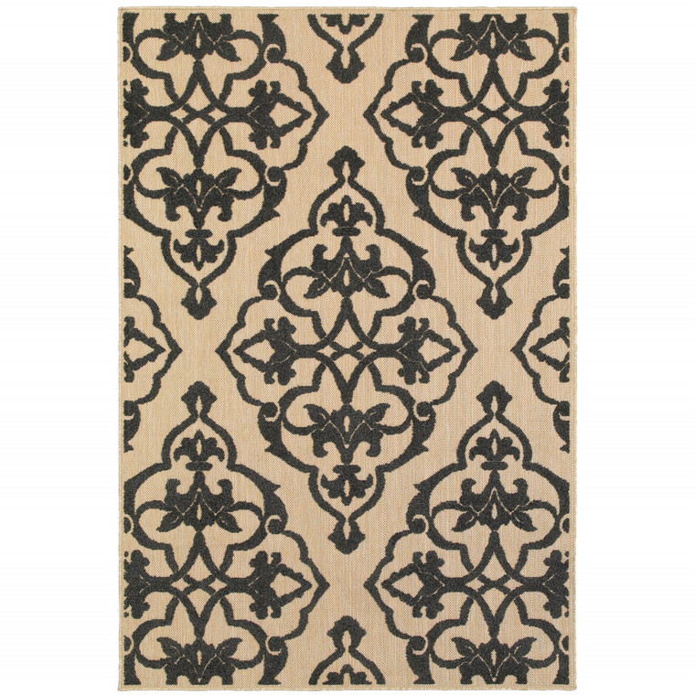 4' X 5' Beige and Black Oriental Stain Resistant Indoor Outdoor Area Rug