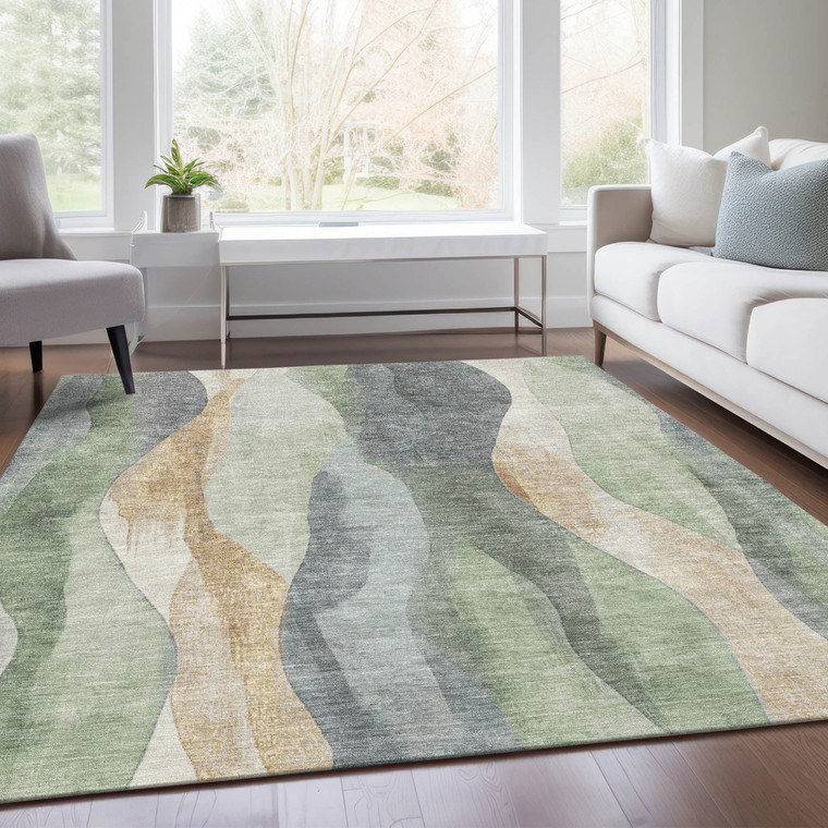 5' X 8' Artichoke Green And Gray Abstract Washable Indoor Outdoor Area Rug