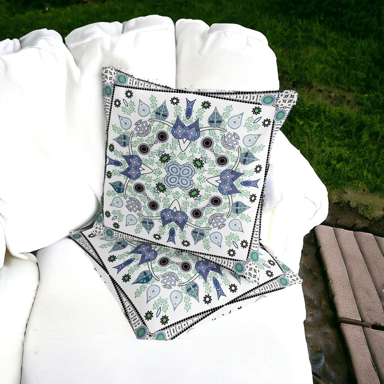 Set of Two 16" X 16" Blue and Off White Blown Seam Paisley Indoor Outdoor Throw Pillow - 606114842514