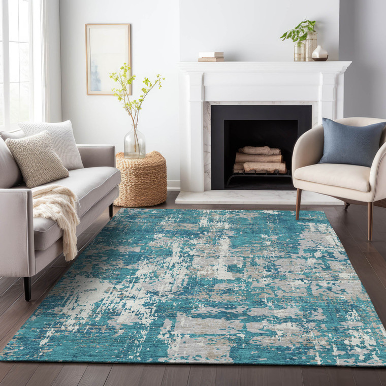 3' X 5' Teal Blue Gray And Ivory Abstract Washable Indoor Outdoor Area Rug