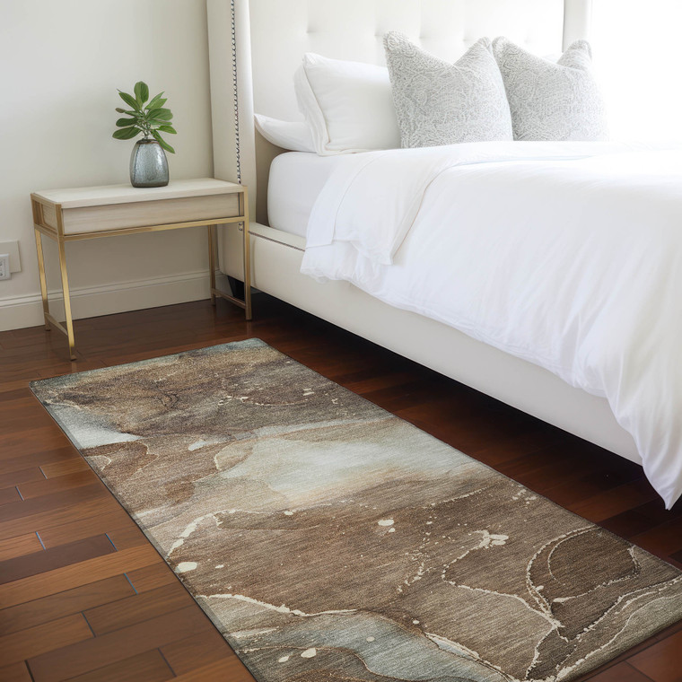 8' Runner Brown Abstract Washable Non Skid Indoor Outdoor Runner Rug - 606114959564